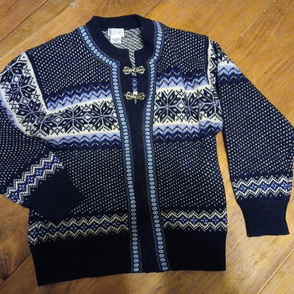 Vintage Willi Smith Shetland Wool Sweater Fair Isles 2 Silver Closures Size M